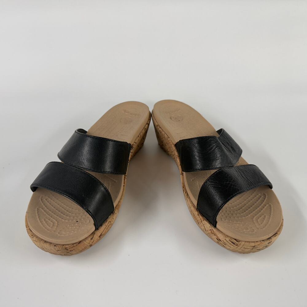 Crocs Women’s Black Wedge Sandals Size 7 Slip-On Cork Platform Comfort